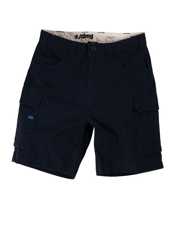 Black cargo shorts on a white background
