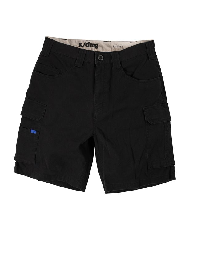 Black cargo shorts on a white background