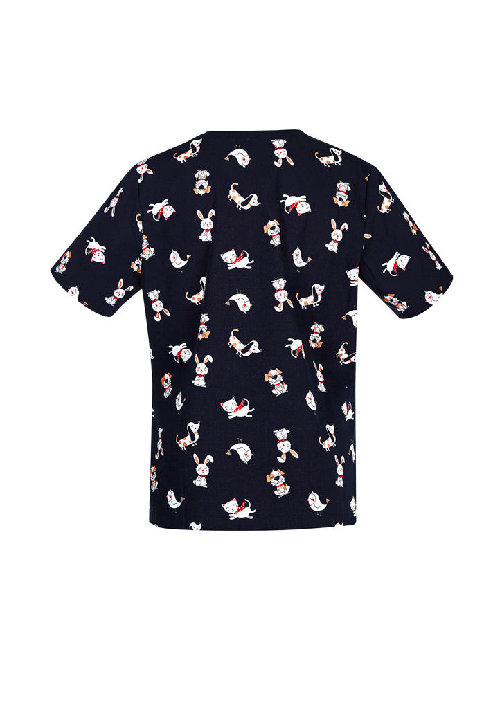cats, dogs and rabbits printed on scrub top
