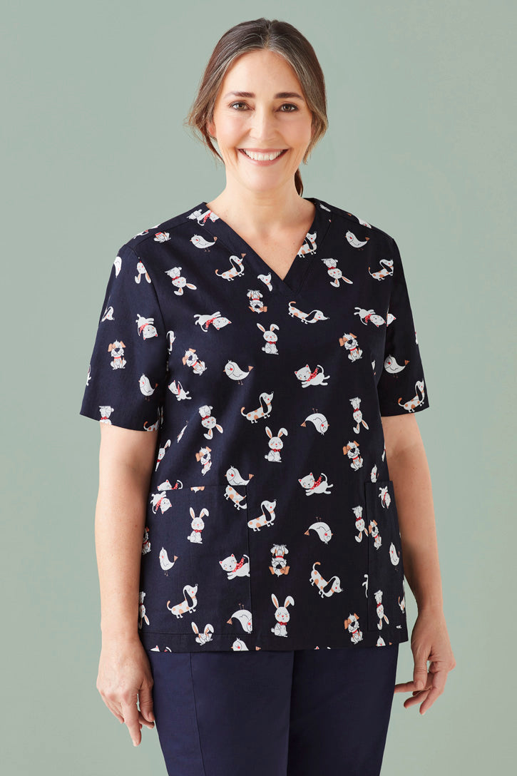 Lady wearing printed scrub top