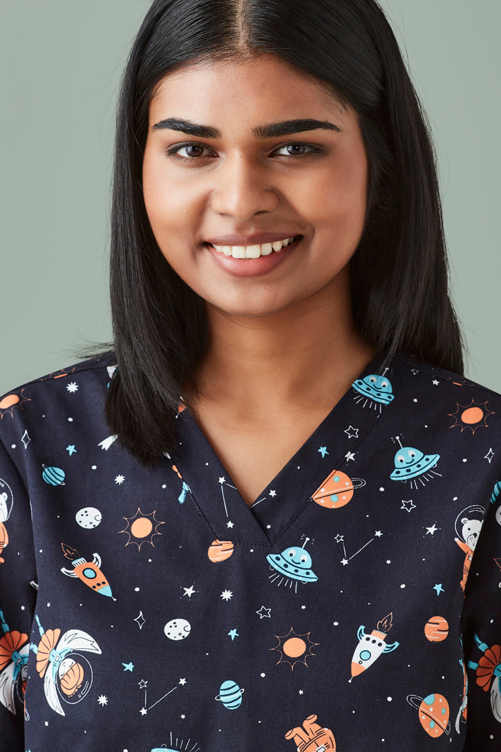 Space Party Pattern Scrub top