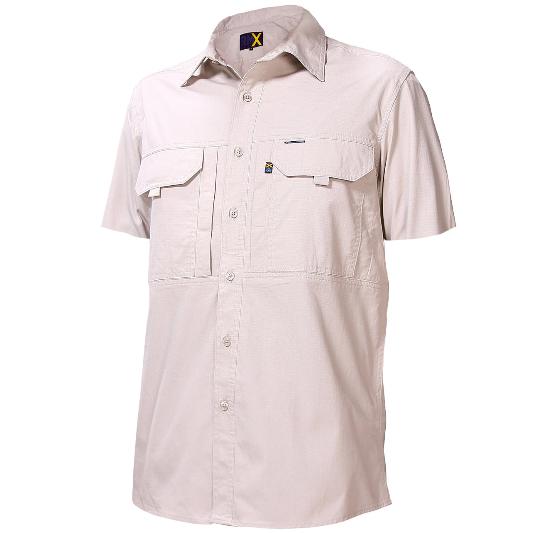 Beige short-sleeve shirt with multiple pockets on a white background
