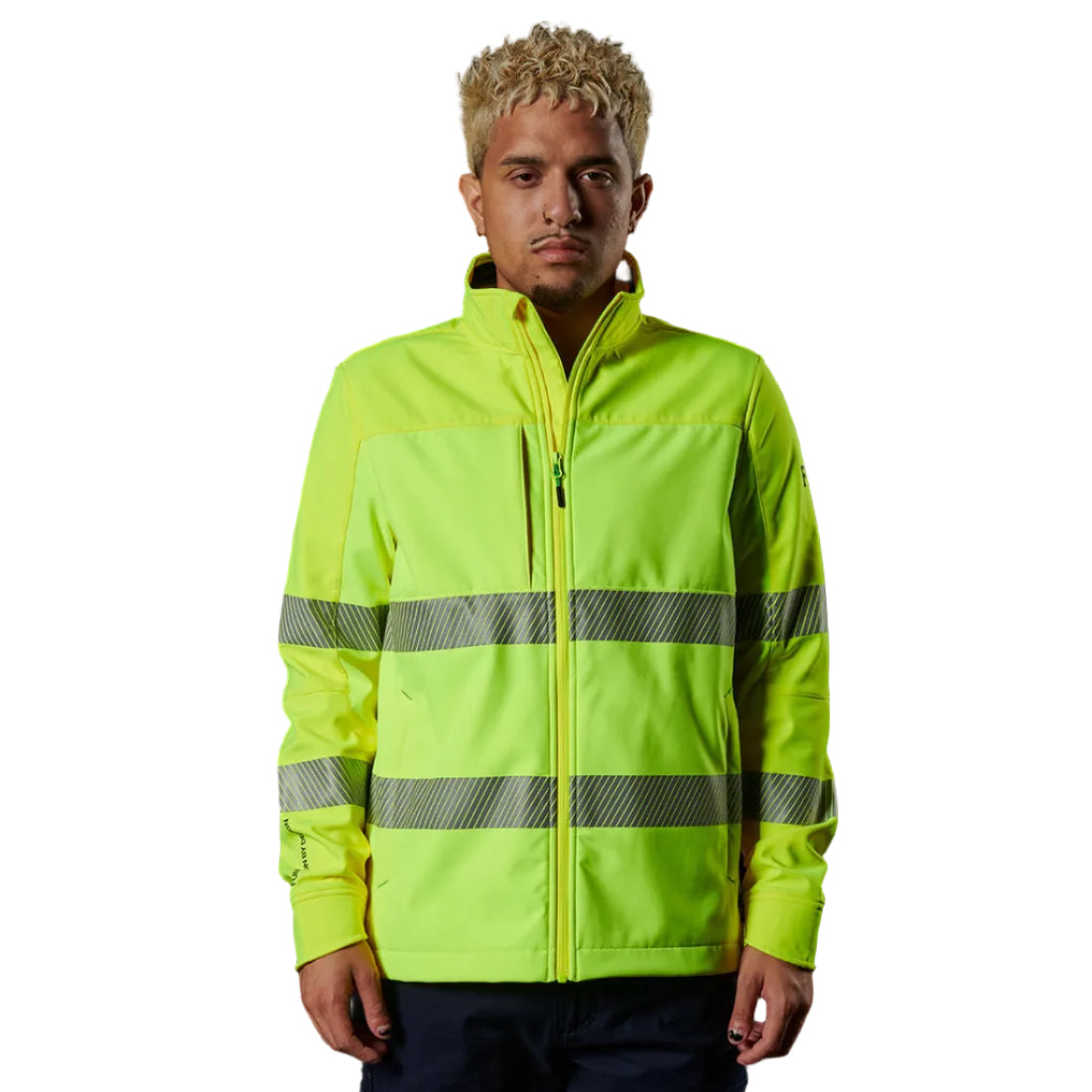 Person wearing a bright yellow safety jacket with reflective stripes on a white 
background