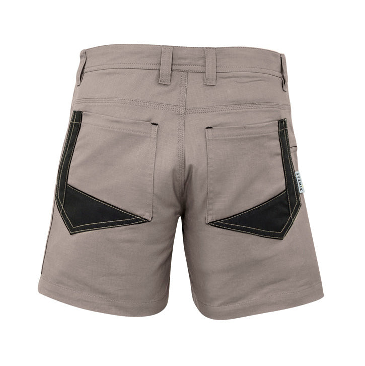 Khaki shorts with black accents on a white background