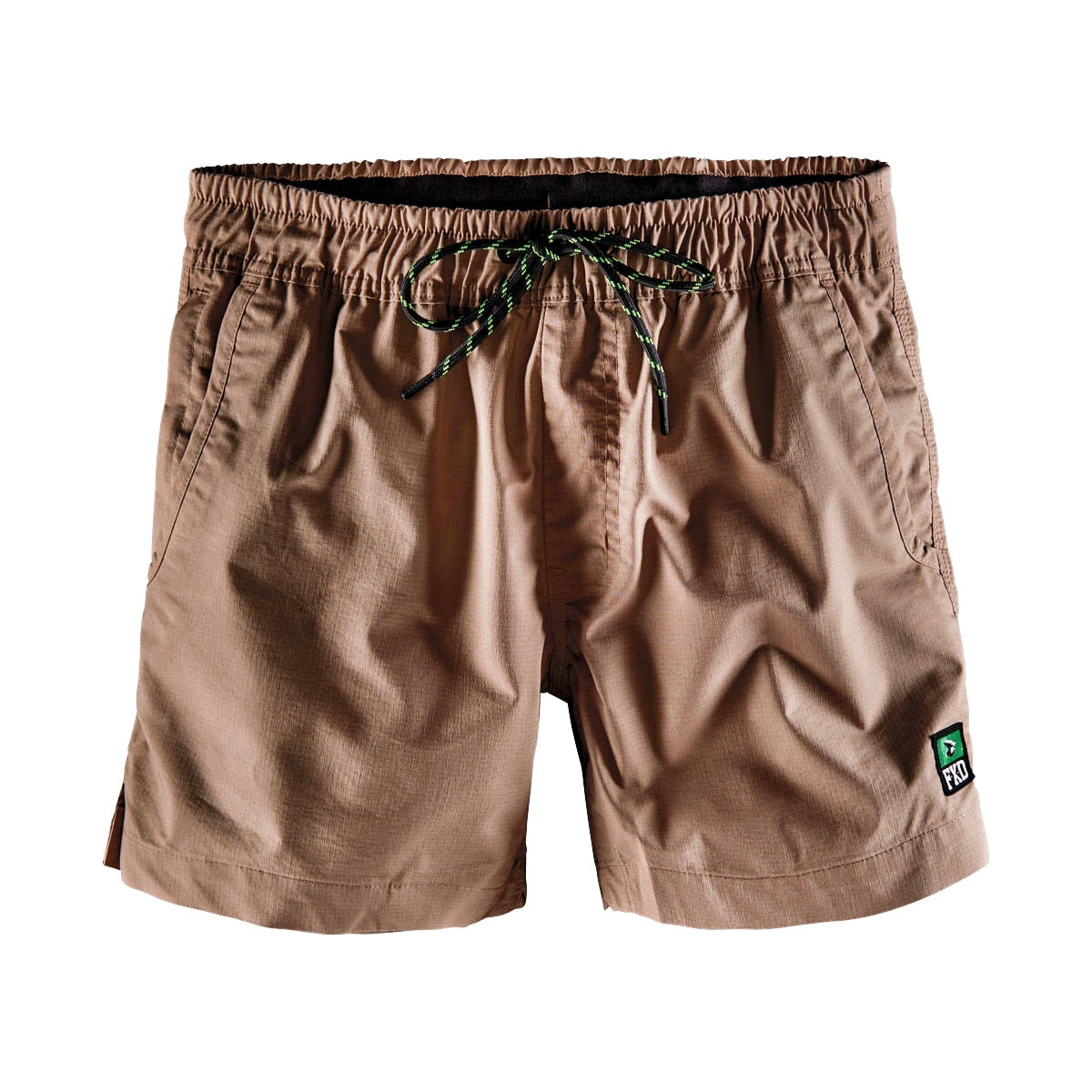 Brown shorts with a drawstring on a white background