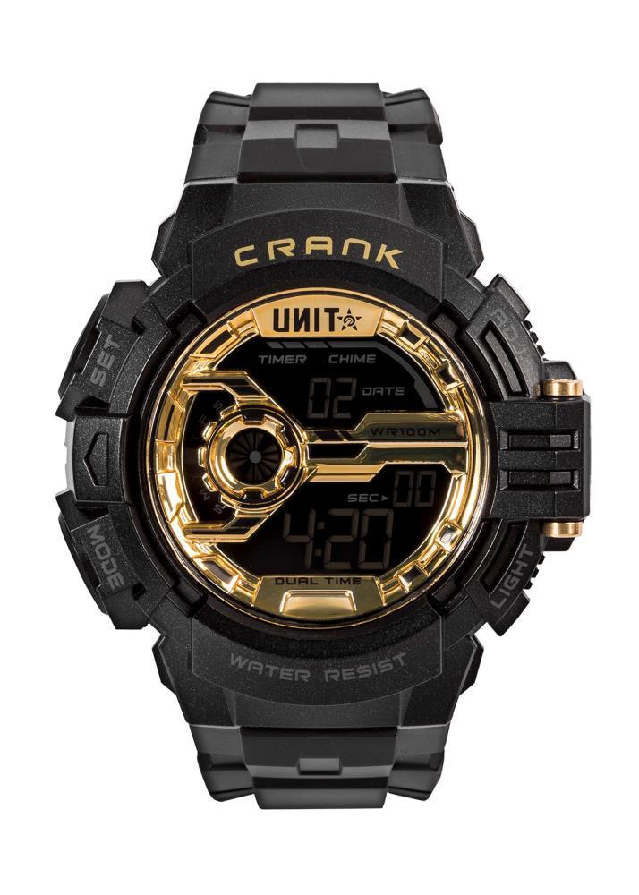 UNIT WORKWEAR WATCH UNIT WATCH MENS WATCH - CRANK BLACK/GOLD  HOUR, MINUTE, SECOND AM/PM, 12/24-HOUR FORMAT DAY OF THE WEEK, DATE & MONTH, DUAL TIME ZONE COUNTDOWN TIMER ALARM & HOURLY CHIME 1/100 SEC. CHRONOGRAPH ELECTRO-LUMINESCENT BACKLIGHT WITH FADING