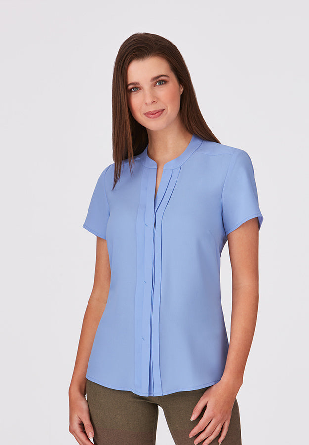 Blue Pleated Front Short Sleeve Shirt