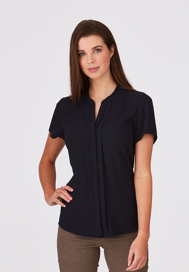 Navy Pleated Front Short Sleeve Shirt